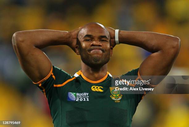 Wing JP Pietersen of South Africa reacts following his team's 9-11 defeat during quarter final three of the 2011 IRB Rugby World Cup between South...