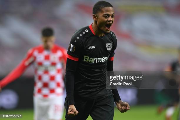 Leon Bailey of Bayer 04 Leverkusen celebrates after scoring their sides second goal during the UEFA Europa League Group C stage match between Bayer...