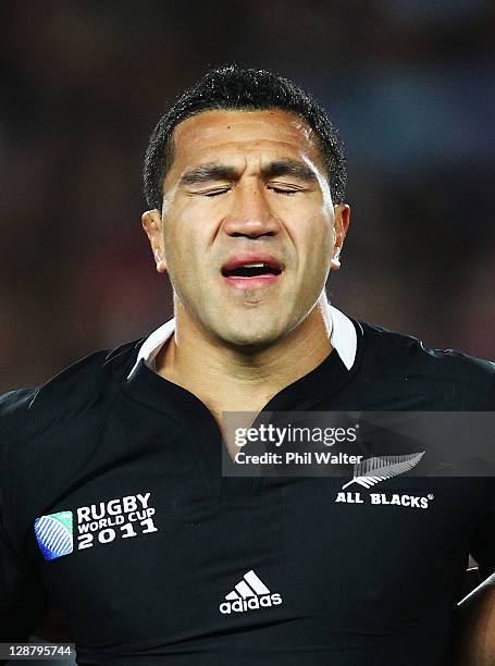 Mils Muliaina of the All Blacks sings the national anthem in his 100th test match during quarter final four of the 2011 IRB Rugby World Cup between...