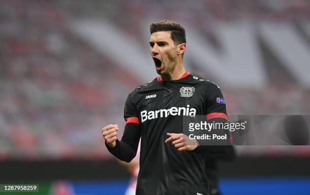 Lucas Alario of Bayer Leverkusen of Bayer Leverkusen celebrates after scoring their team's fourth goal during the UEFA Europa League Group C stage...