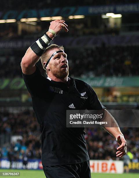 Brad Thorn of the All Blacks celebrates his try during quarter final four of the 2011 IRB Rugby World Cup between New Zealand and Argentina at Eden...