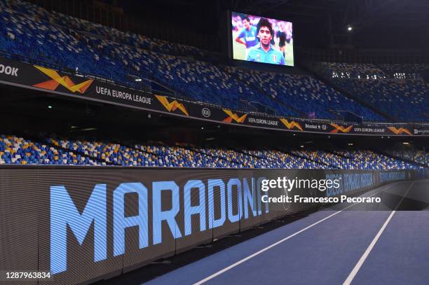 Detailed view of the big screen showing a picture in memory of the deceased Diego Maradona prior to the UEFA Europa League Group F stage match...