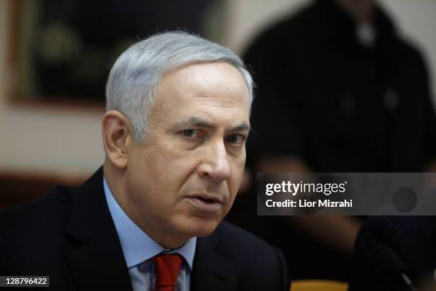 Israeli Prime Minister Benjamin Netanyahu chairs the weekly cabinet meeting, on October 09, 2011 in his office in Jerusalem, Israel. The Trajtenberg...