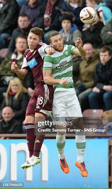 V CELTIC.TYNECASTLE - EDINBURGH.Celtic defender Adam Matthews wins the aerial battle with Sam Nicholson