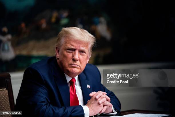 President Donald Trump speaks in the Diplomatic Room of the White House on Thanksgiving on November 26, 2020 in Washington, DC. Trump had earlier...