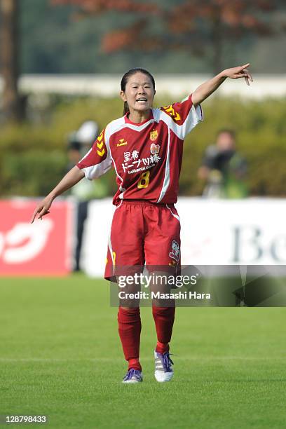 Homare Sawa of INAC Kobe Leonessa gestures during the Nadeshiko League match between Okayama Yunogo Belle and INAC Kobe Leonessa at Mimasaka Rugby...