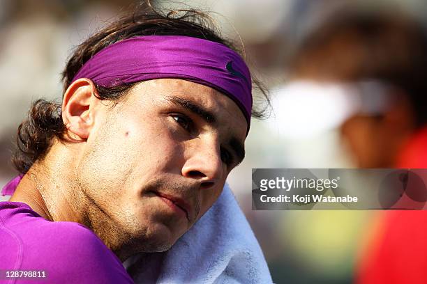 Rafael Nadal of Spain looks on in the men's final match against Andy Murray of Great Britain during the day seven of the Rakuten Open at Ariake...