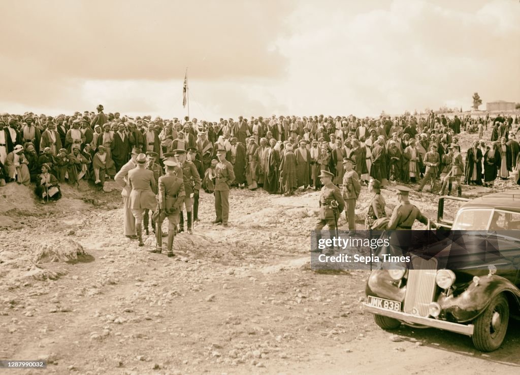 Arab demonstration at Yatta Closer view of the crowd showing the officers arriving, West Bank, Yatta
