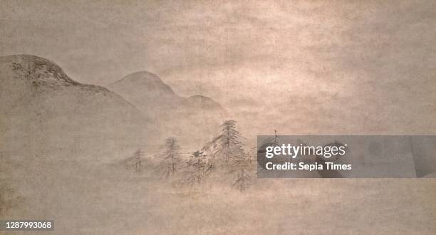Landscape, Japan, Muromachi period , Attributed to Kano Motonobu , 16th century, Hanging scroll; ink on paper, Overall : 23 3/8 × 42 1/2 in. ,...
