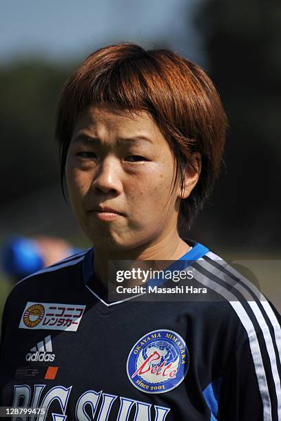 Aya Miyama of Okayama Yunogo Belle looks on during the Nadeshiko League match between Okayama Yunogo Belle and INAC Kobe Leonessa at Mimasaka Rugby...