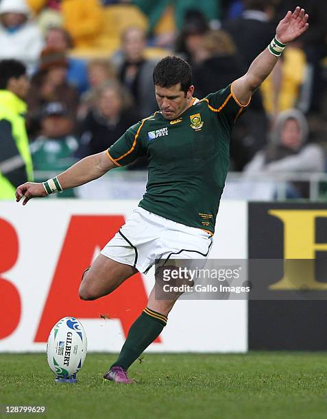 Morne Steyn of South Africa kicks the ball during the 2011 IRB Rugby World Cup quarter final three match between South Africa and Australia at...