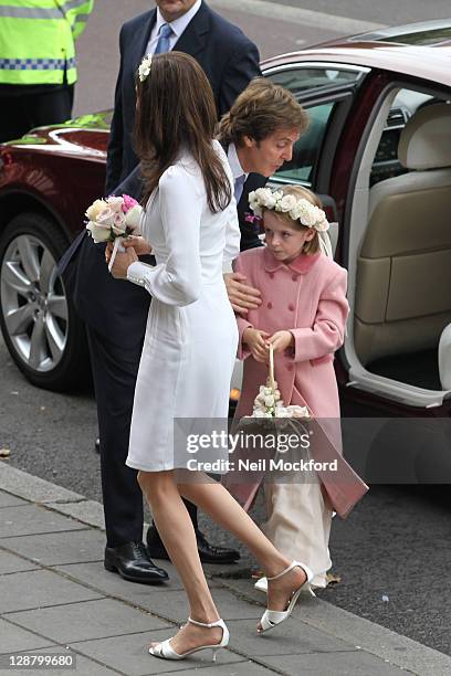 Sir Paul McCartney and Nancy Shevell arrive for their wedding at Marylebone Registry Office on October 9, 2011 in London, England.