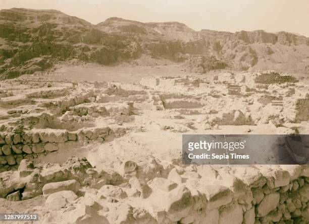 Dead Sea Scrolls and caves and Qumran Excavations of Essene Monastery. Qumran excavations. Looking west, Judean Hills in background. 1947, West Bank,...