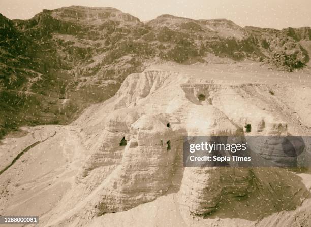 Dead Sea Scrolls and caves and Qumran Excavations of Essene Monastery. Cave no. 4 where main library of the Essenes was found. 1947, West Bank,...