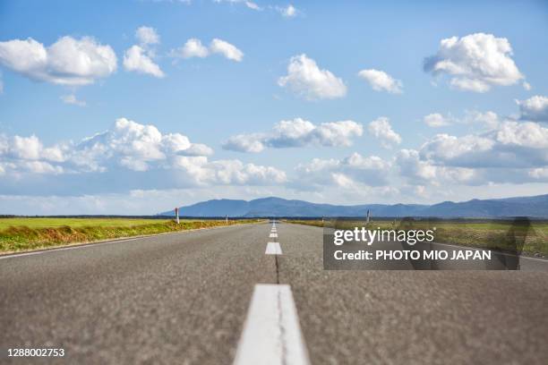 a strait road leads to the horizon in hokkaido,japan - horizon over land fotografías e imágenes de stock