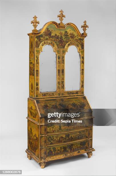 Desk , Italian, Venice, ca. 1730–35, Pine; carved, painted, gilded, and varnished linden wood decorated with colored decoupage prints; mirror glass;...