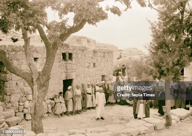 Halhul village at kilometer 30 on Hebron road Courtyard in front of guest chamber, Halhul. 1940, West Bank, Ḥalḥūl, Middle East.