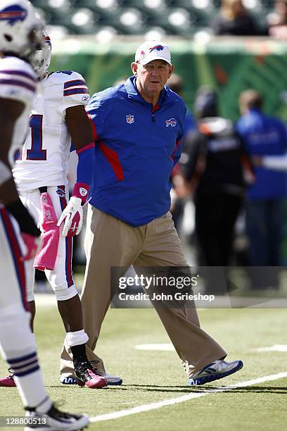 Head Coach Chan Gailey of the Buffalo Bills watches his team prior to the game against the Cincinnati Bengals on October 2, 2011 at Paul Brown...