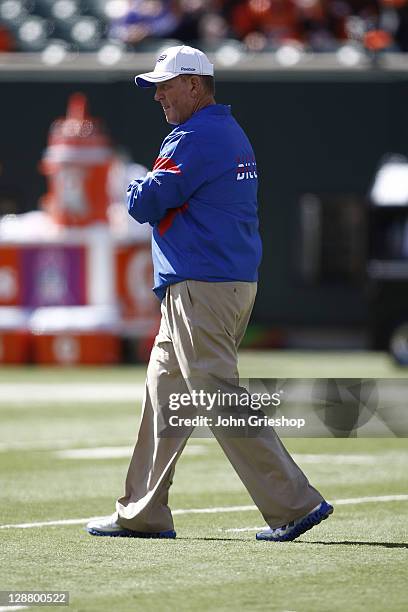 Head Coach Chan Gailey of the Buffalo Bills watches his team prior to the game against the Cincinnati Bengals on October 2, 2011 at Paul Brown...