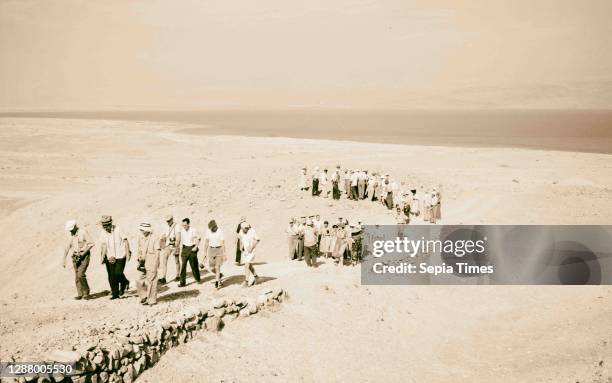 People on road to caves of Qumran where Dead Sea scrolls were found. 1958, West Bank, Qumran Site, Middle East, Israel and/or Palestine.