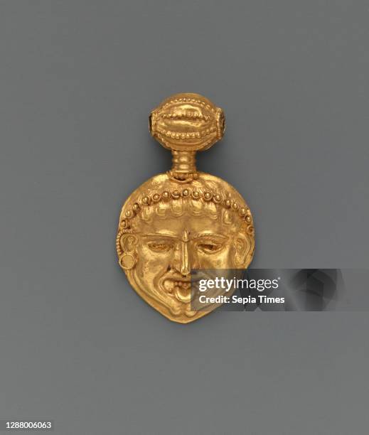 Gold pendant in the form of a gorgoneion , Greek, Cypriot, Classical, Date ca. 450 B.C., Greek, Cypriot, Gold, Overall: 1 1/8 x 11/16in. , Gold and...