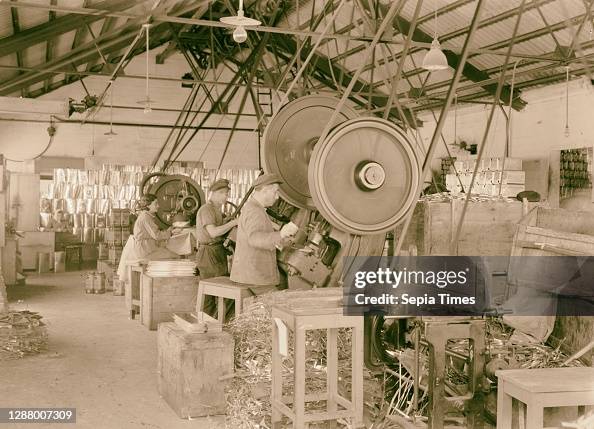 Jewish factories in Palestine on Plain of Sharon & along the coast to Haifa 'Shemen' oil works. Manufacture of the tin oil containers. 1939, Israel, Haifa