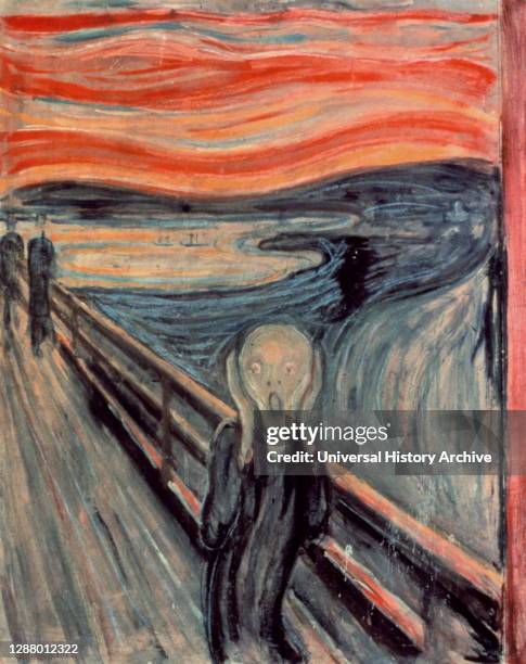 The Scream', 1893 Artist: Edvard Munch. The Scream is one of four versions painted by Edward Munch in 1893. The ghostly, agonised figure against the...