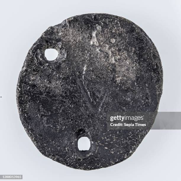 Loden penny with two holes and 4 smashed, penning image material soil finding lead metal, Oval with two holes 4 archeology Rotterdam City Triangle...