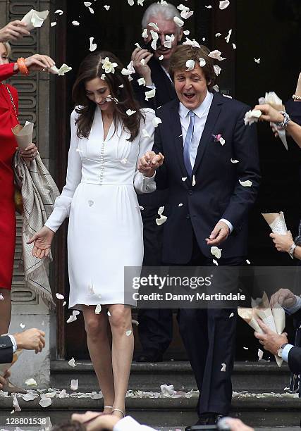 Sir Paul McCartney and Nancy Shevell after their wedding at Marylebone Registry Office on October 9, 2011 in London, England.