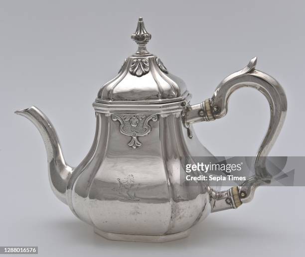Silver teapot, teapot tableware holder silver ivory, molded appliqué engraved Pear shaped body and hinged bell-shaped lid both with lobed pegs at...