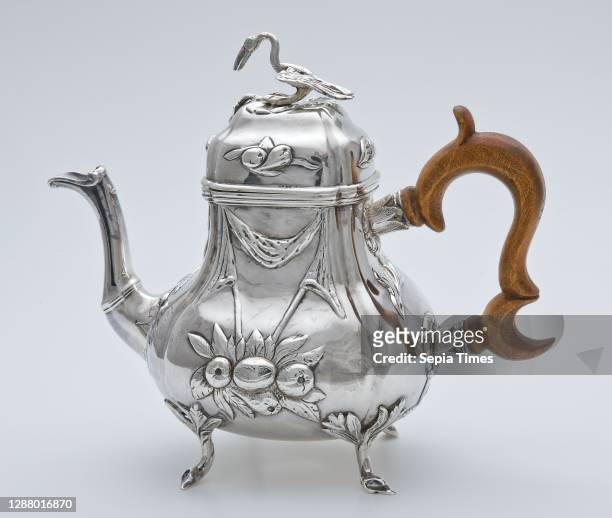 Andreas Cornelis Muller , Silver teapot with wooden handle, pelican on lid, teapot tableware holder silver wood, driven molded appliqué Driven...