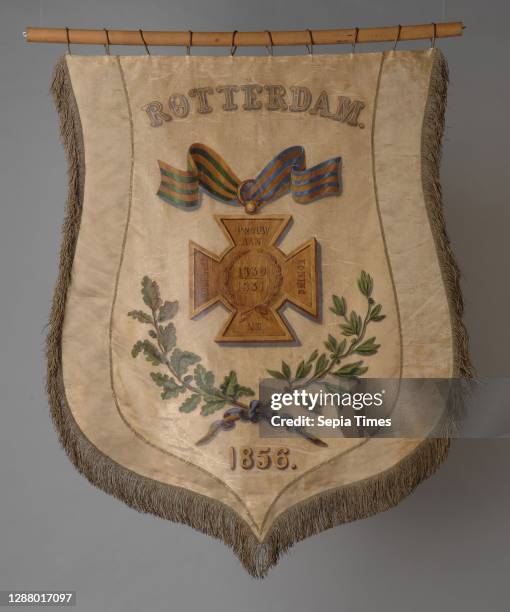 Painted white silk banner, ROTTERDAM 1856 and Trouw to King and Fatherland, standard information form silk paint, Cream-colored banner painted...