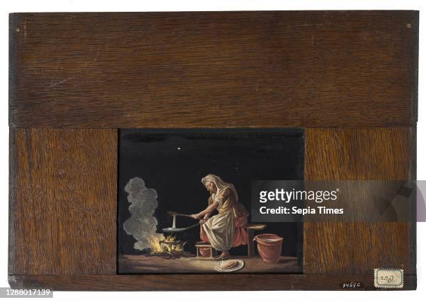 Hand-painted glass plate in wooden frame for illumination cabinet, image of pancakes baking old woman, slideshelf slideshoot images glass paint wood...