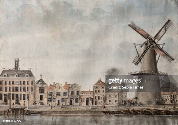 View of the Achterhaven in Delfshaven with mill De Waakzaamheid, with mechanics, drawing watercolor painting diorama footage paper wood paint, View...