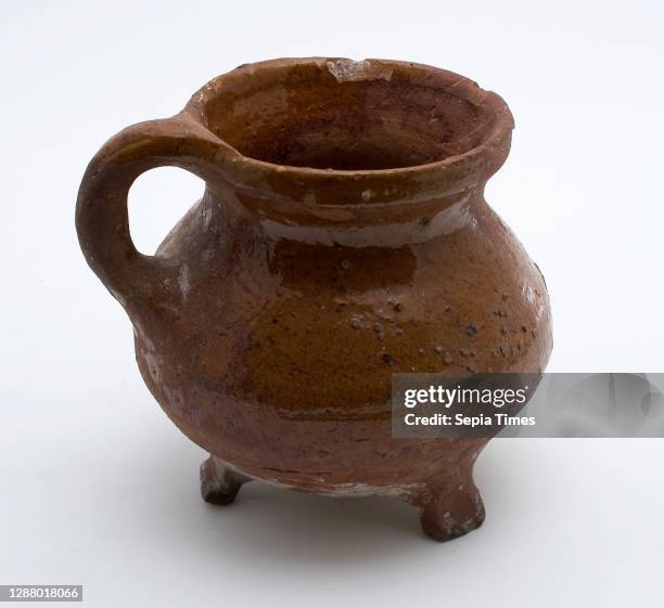 Pottery cooking jug, red shard, glazed, vertical sausage ear, on three legs, grape cooking pot tableware holder utensils earthenware ceramics...