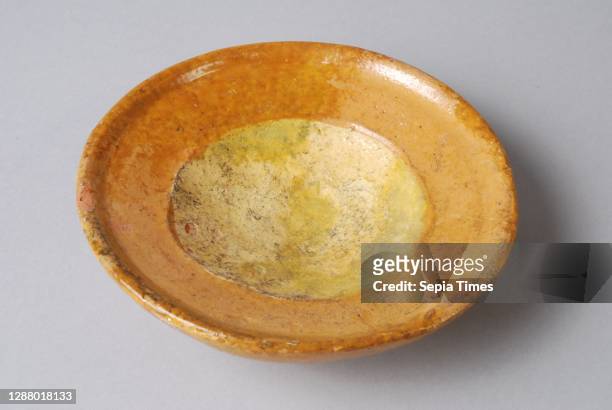 Small earthenware dish or salt dish, glazed in yellow and brown, on stand, salt bowl salt barrel tableware holder soil find ceramics earthenware...