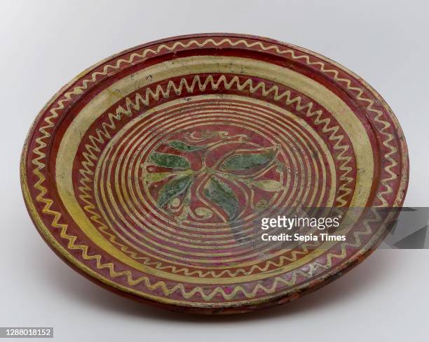 Earthenware dish, ringing-plate, red shard, decorated with stylized flower, on stand, dish crockery holder soil find ceramic earthenware glaze lead...