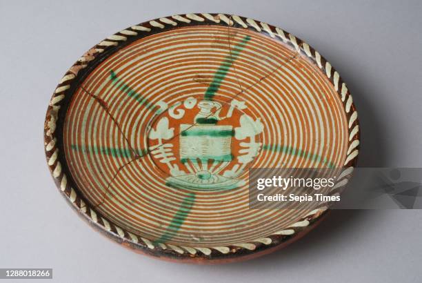 Earthenware plate with white mud decoration and green stripes, sgraffito, dated 1607, plate dish crockery holder soil find ceramic earthenware glaze...