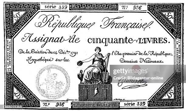 Assignats from 1792, assignats, French l'assignat, instructions were, the paper money used during the French Revolution / Assignate aus dem Jahre...