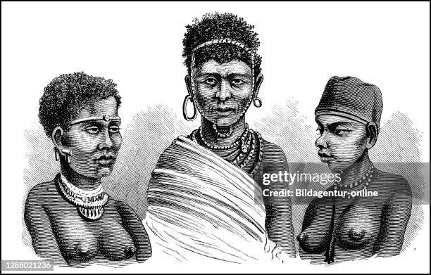 Women, types from South Africa, African girls, bush wife and Hottentot women in the 19th century / Frauen, Typen aus Südafrika, Kaffernmädchen,...