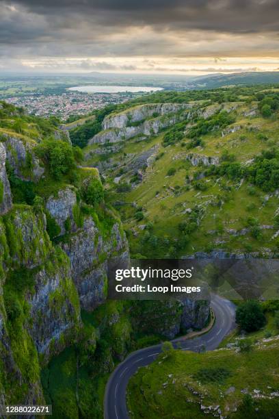 View over Cheddar Gorge and the village of Cheddar on the southern edge of the Mendip Hills in Somerset.