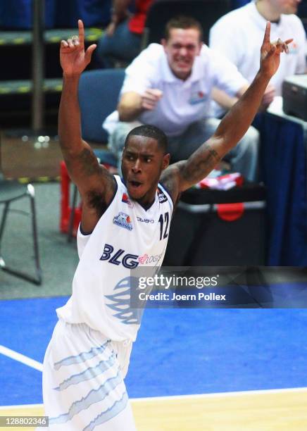 Torrell Martin of Bremerhaven celebrates during the Basketball Bundesliga match between Eisbaeren Bremerhaven v ALBA Berlin at Stadthalle on October...