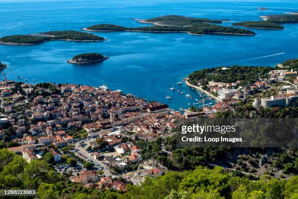 View looking down to the port town of Hva on the island of Hvar in the Adriatic Sea.