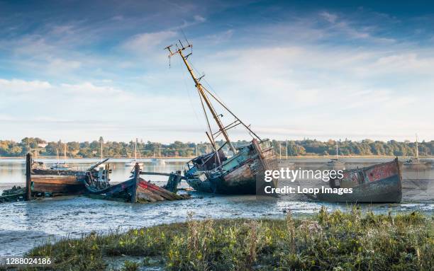 Derelict boats rot on the mud at Pin Mill.