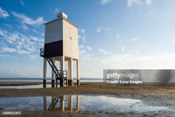 The Low Lighthouse on the beach at Burnham-on-Sea overlooking Bridgwater Bay.