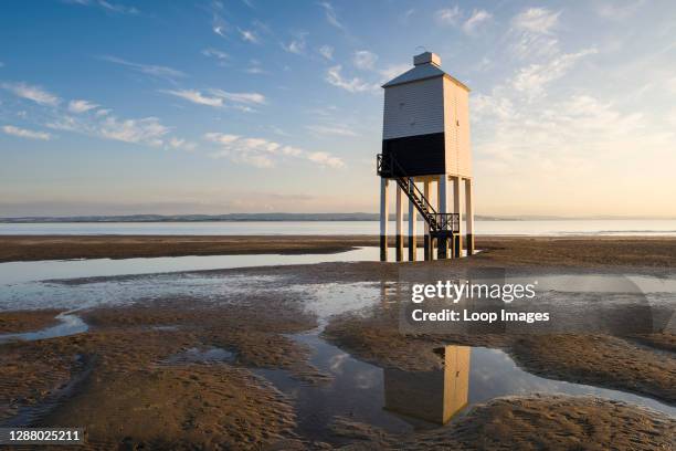 The Low Lighthouse on the beach at Burnham-on-Sea overlooking Bridgwater Bay.