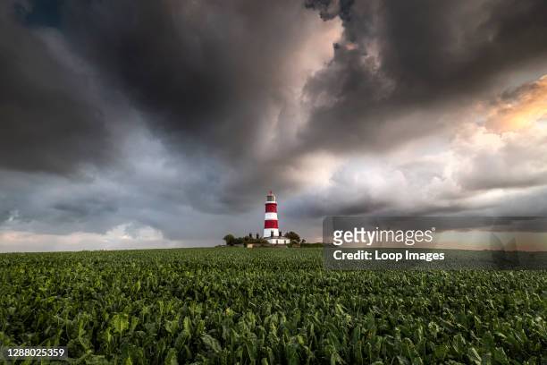 The Happisburgh lighthouse on the North Norfolk coast sat in the middle of a farmers field with storm clouds overhead.