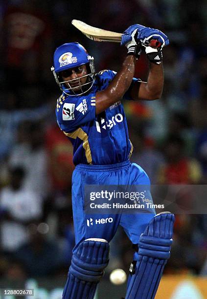 Mumbai Indians batsman Ambati Rayudu in action during the Champions League Twenty20 Final match between Mumbai Indians and Royal Challengers...