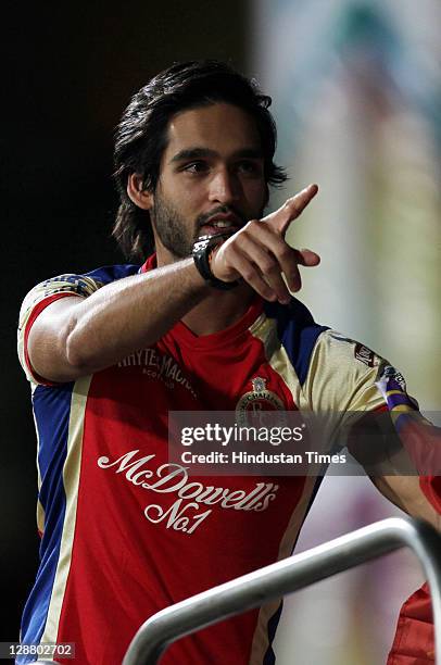 Royal Challengers Bangalore owner Siddharth Mallya gestures during the Champions League Twenty20 Final match between Mumbai Indians and Royal...