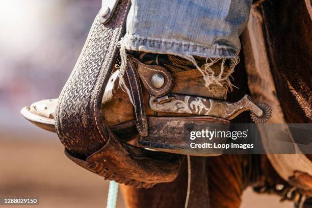 Close-up of cowboy boot with attached spur in a stirrup.